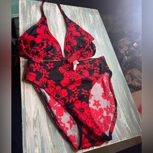 Victoria's Secret BLACK & RED Hawaiian Floral Two Piece Bikini